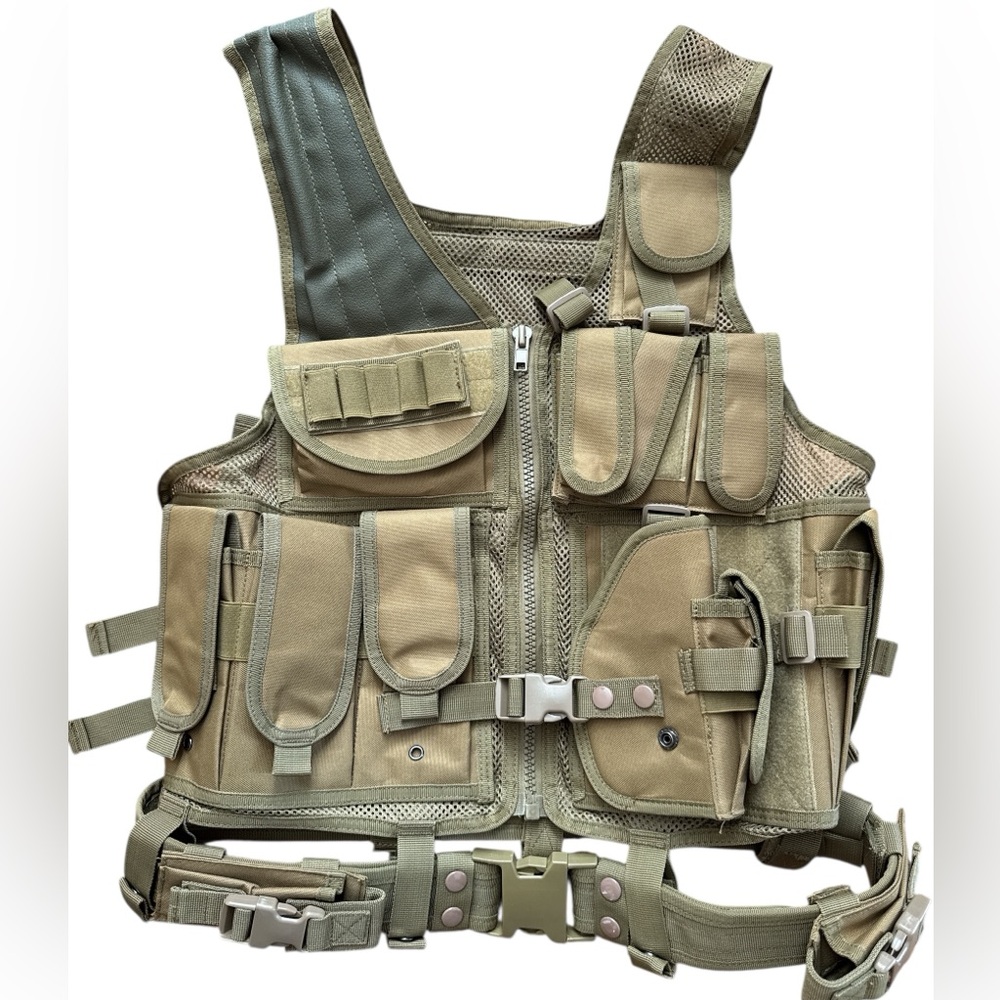 Barbarians Tactical Zip Snap Vest‎ Tan & Olive Green Army/Military Style Heavy ￼